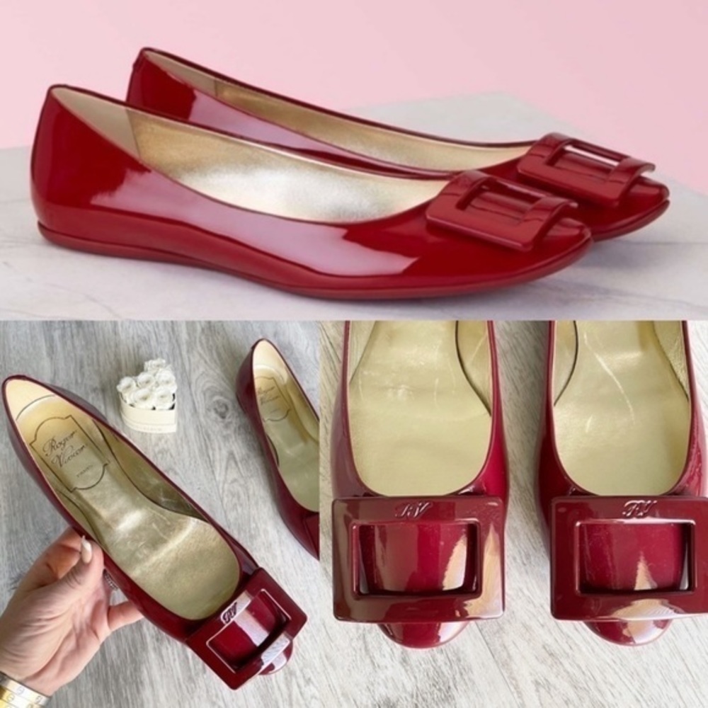 🆕 Roger Vivier Logo Buckle Patent Leather Ballet Flats Current Collection